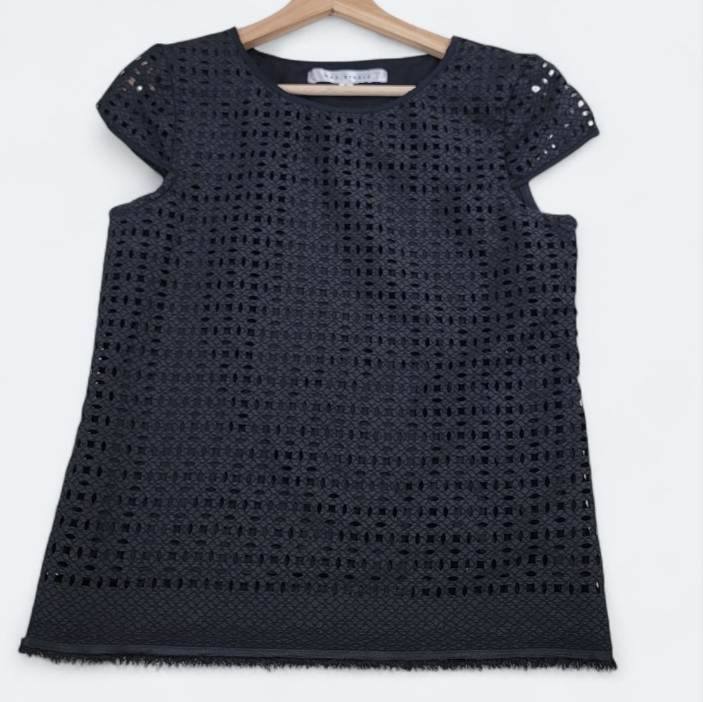 Max Studio black laser cut lace overlay top Size Small Fringe Hem Cap Sleeves